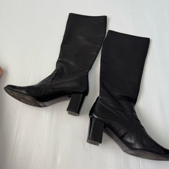 Stuart Weitzman leather knee high pull on heeled boots black size 9.5 - Picture 6 of 17